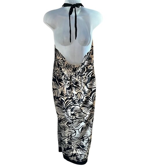 Women’s M Black & Beige Floral Halter Maxi Dress Tie Neckline Stretch Fabric - Picture 3 of 5